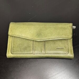 VTG Fossil Olive Green Leather Wallet Tan Lined Trifold 2 Piece Organizer